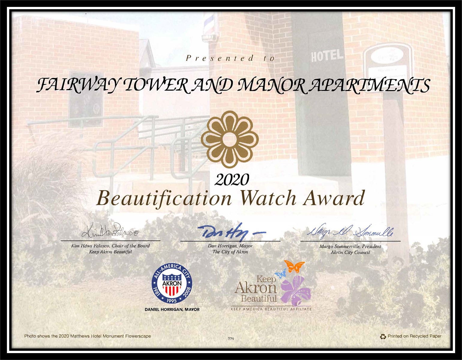 Beautification Watch Award Fairway Tower and Manor Apartments, 750 Mull Avenue, Akron, OH 44313